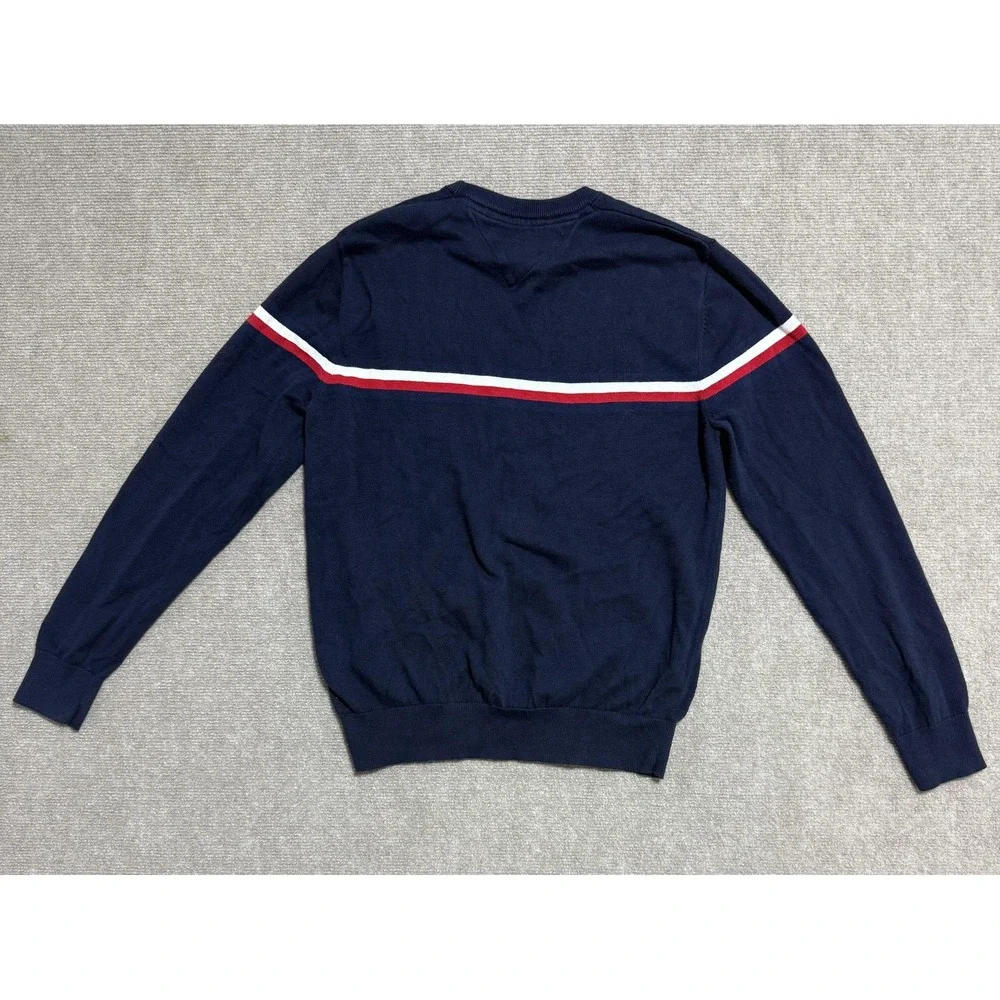 Tommy Hilfiger Sweater Mens Small‎ Navy Blue Crewneck TH Stripe Cotton Pullover